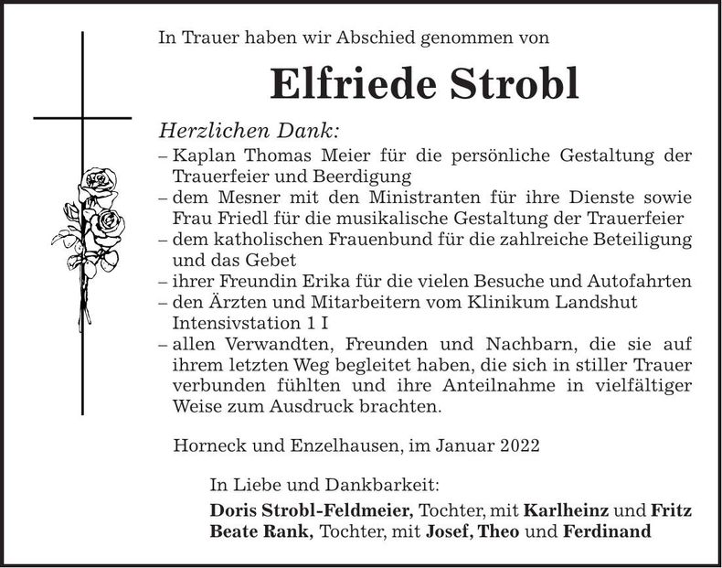 Traueranzeige Elfriede Strobl