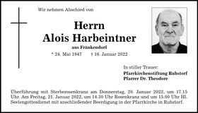 Traueranzeige Alois Harbeintner