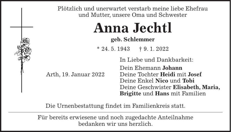 Traueranzeige Anna Jechtl