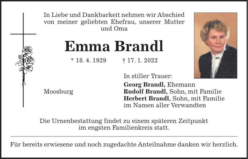 Traueranzeige Emma Brandl