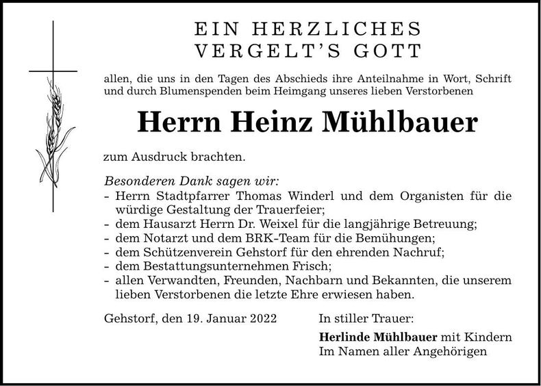 Traueranzeige Heinz Mühlbauer