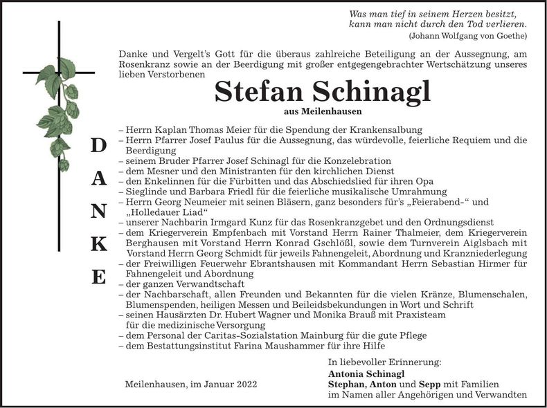 Traueranzeige Stefan Schinagl