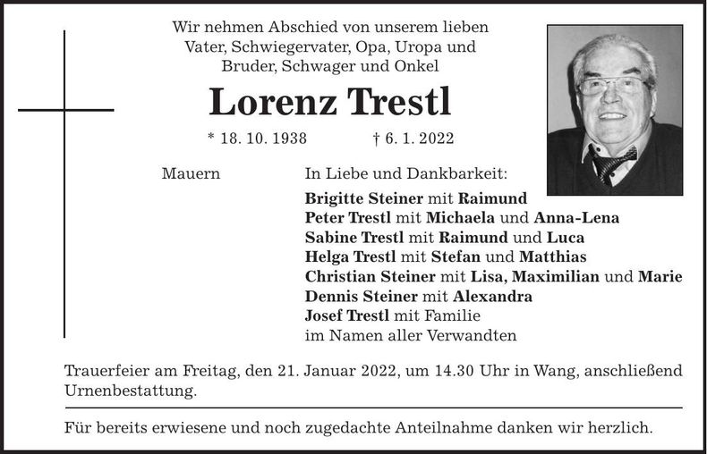 Traueranzeige Lorenz Trestl