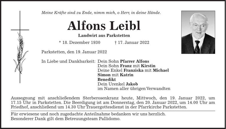 Traueranzeige Alfons Leibl