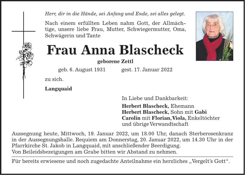 Traueranzeige Anna Blascheck