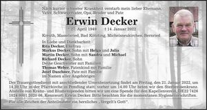 Traueranzeige Erwin Decker