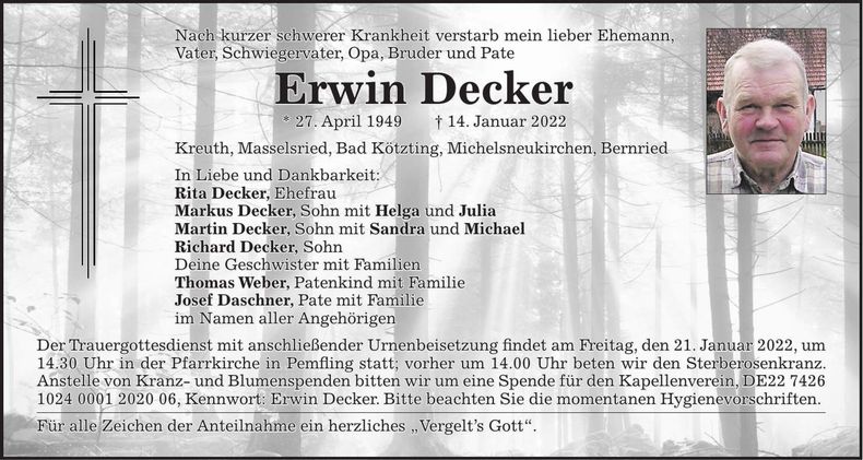 Traueranzeige Erwin Decker
