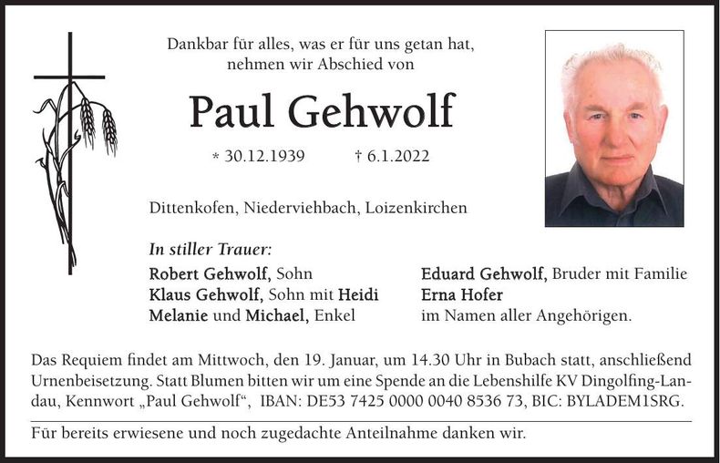Traueranzeige Paul Gehwolf