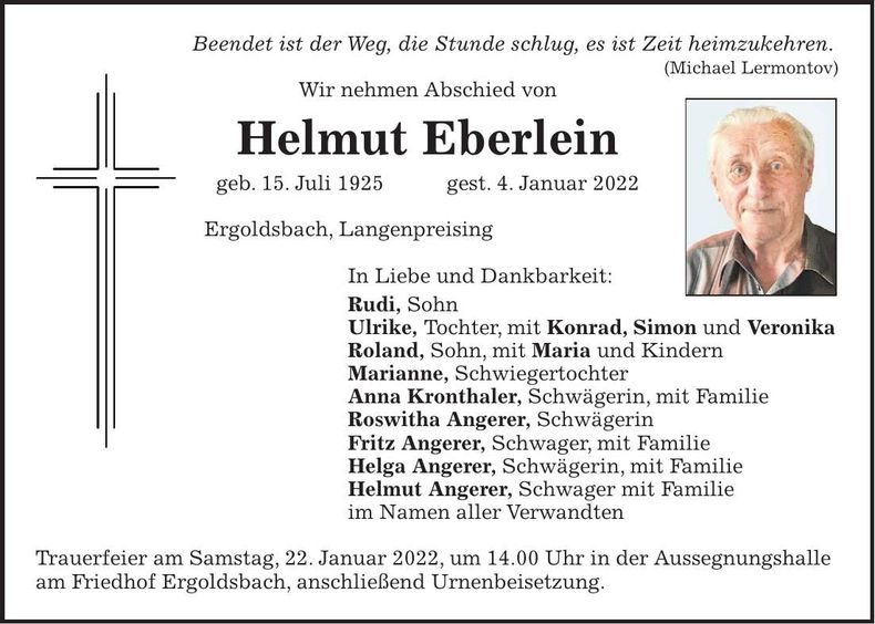Traueranzeige Helmut Eberlein
