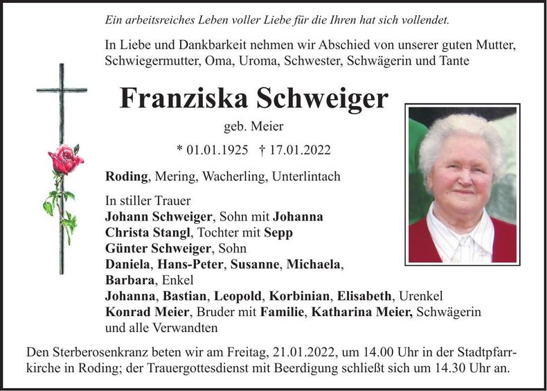 Traueranzeige Franziska Schweiger