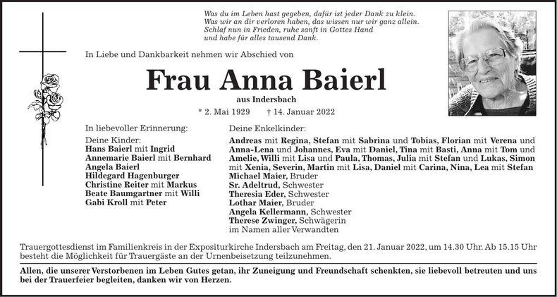 Traueranzeige Anna Baierl