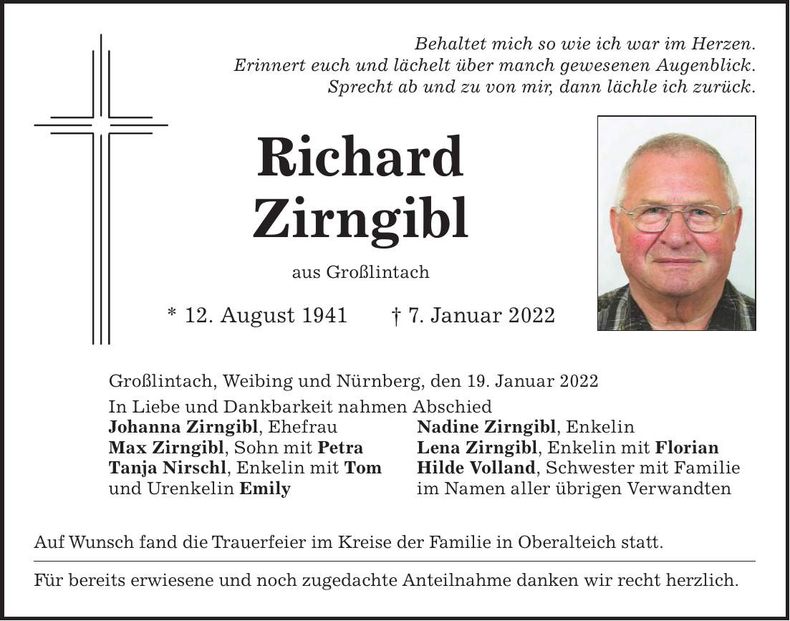 Traueranzeige Richard Zirngibl