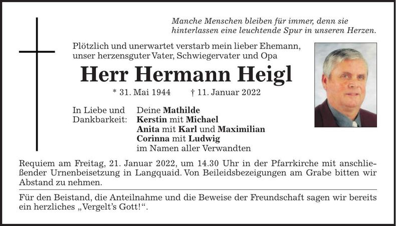 Traueranzeige Hermann Heigl