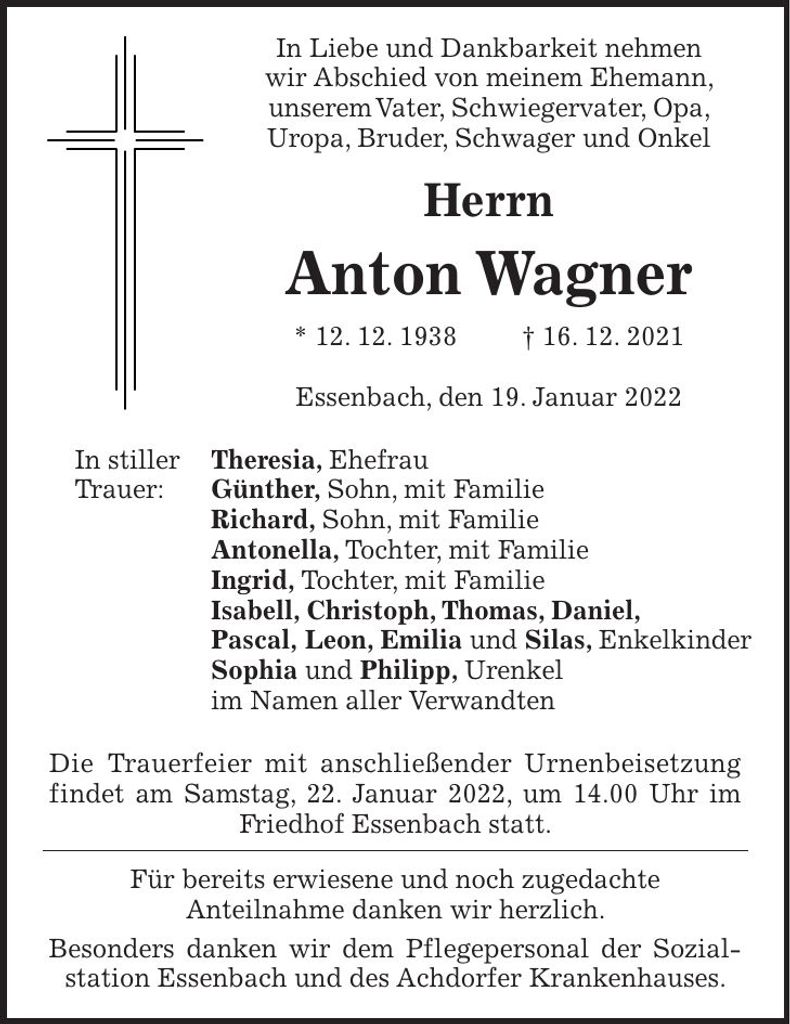Traueranzeige Anton Wagner