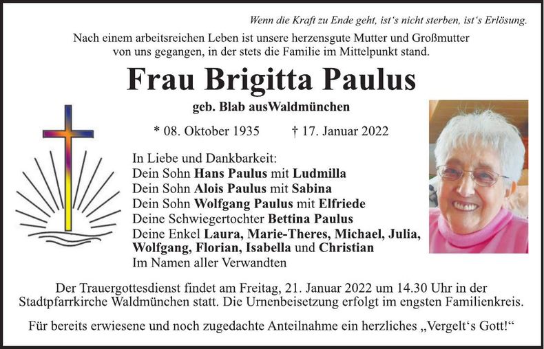 Traueranzeige Brigitta Paulus
