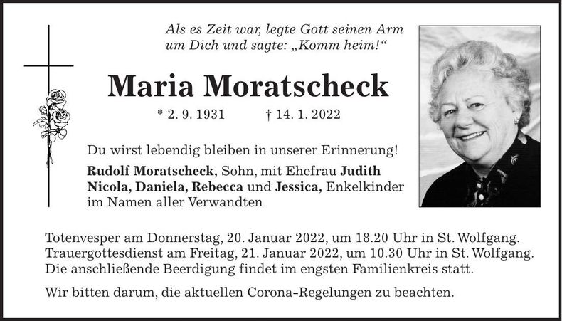 Traueranzeige Maria Moratscheck