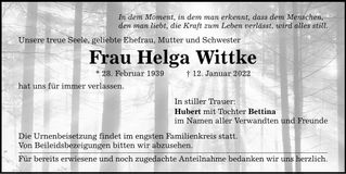Traueranzeige Helga Wittke