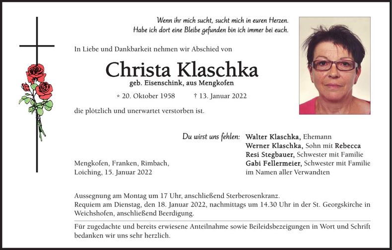 Traueranzeige Christa Klaschka