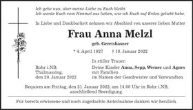 Traueranzeige Anna Melzl