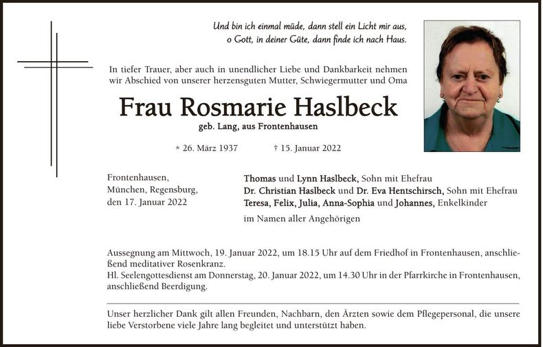 Traueranzeige Rosmarie Haslbeck