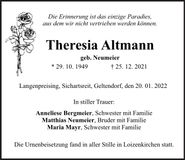 Traueranzeige Theresia Altmann