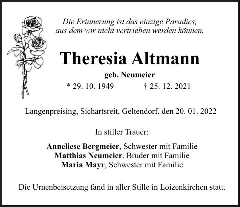 Traueranzeige Theresia Altmann