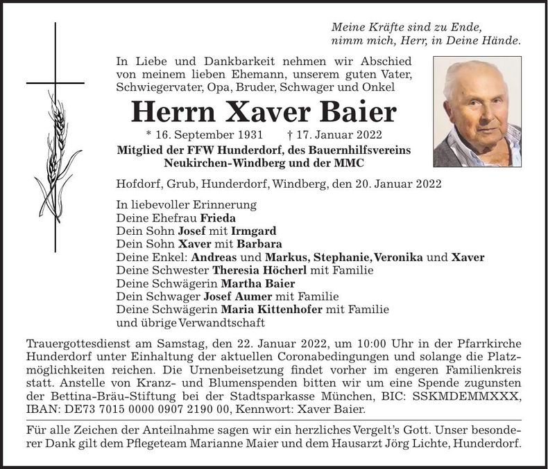 Traueranzeige Xaver Baier