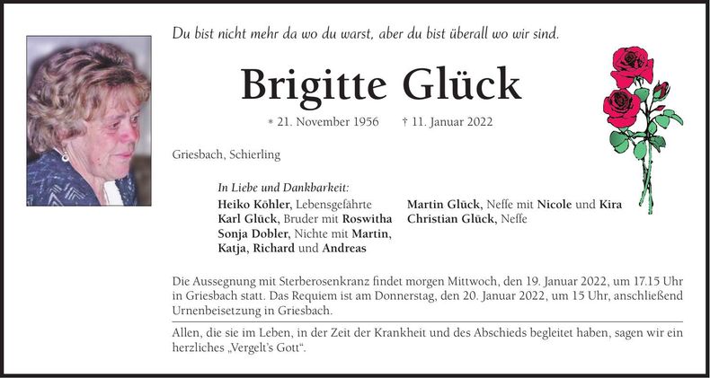 Traueranzeige Brigitte Glück