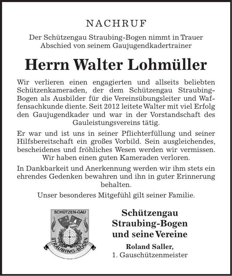 Traueranzeige Walter Lohmüller