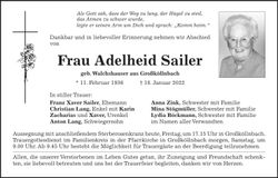 Traueranzeige Adelheid Sailer