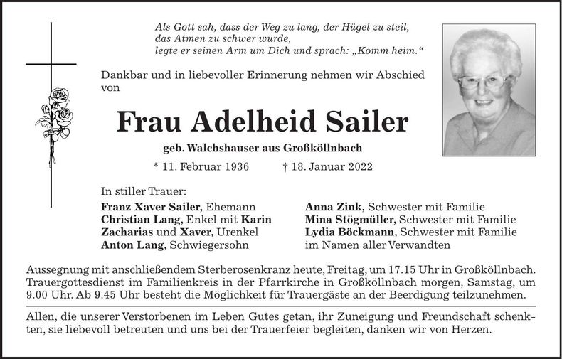 Traueranzeige Adelheid Sailer