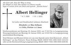Traueranzeige Albert Hellinger