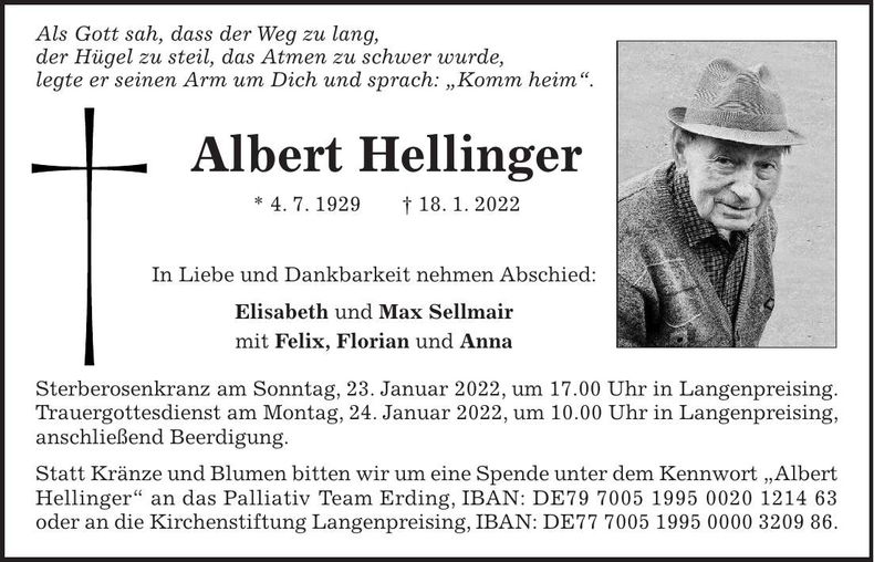 Traueranzeige Albert Hellinger