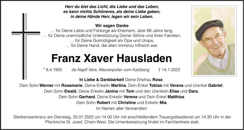 Traueranzeige Franz Xaver Hausladen