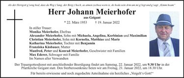 Traueranzeige Johann Meierhofer
