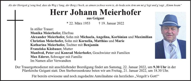 Traueranzeige Johann Meierhofer