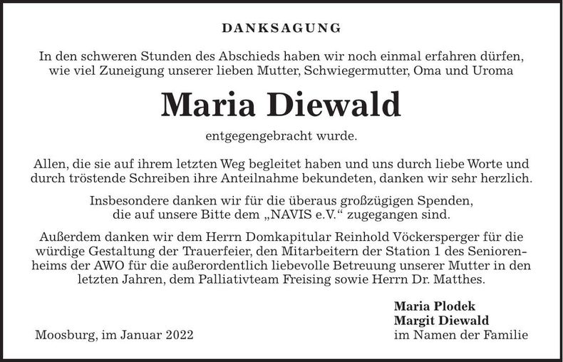 Traueranzeige Maria Diewald