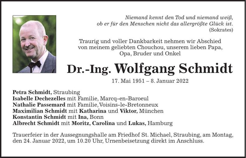Traueranzeige Dr.-Ing. Wolfgang Schmidt