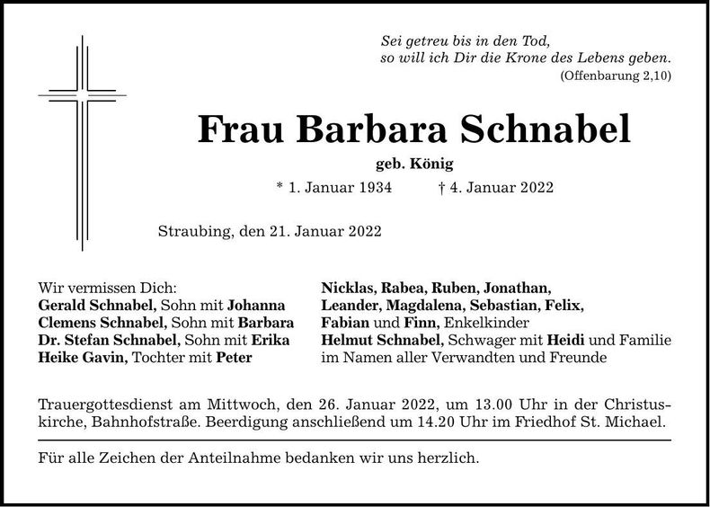 Traueranzeige Barbara Schnabel