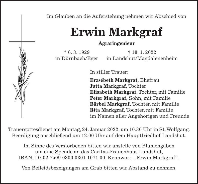 Traueranzeige Erwin Markgraf