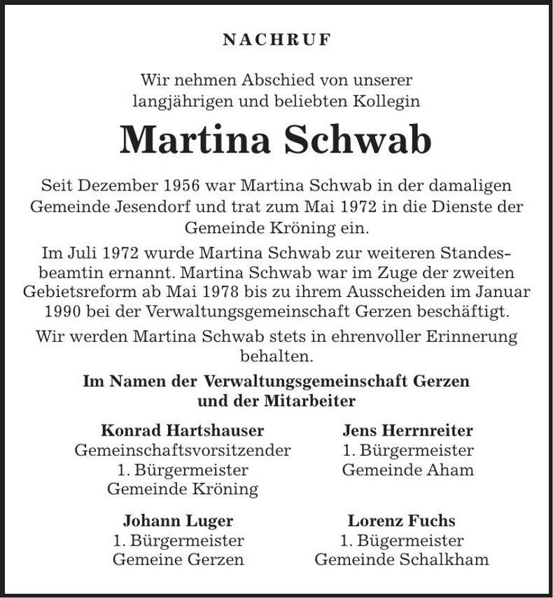 Traueranzeige Martina Schwab