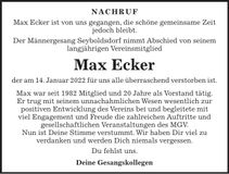 Traueranzeige Max Ecker