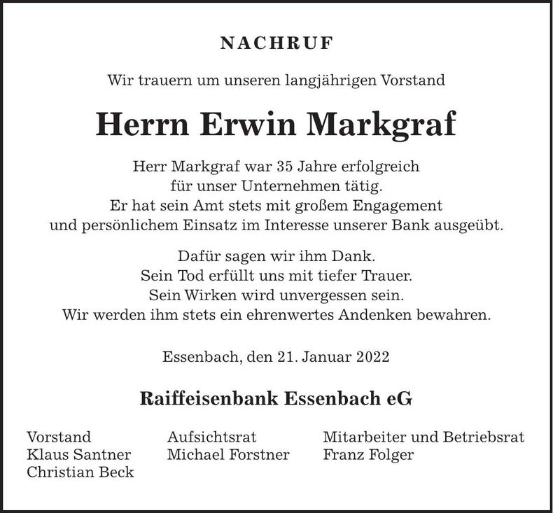 Traueranzeige Erwin Markgraf