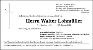 Traueranzeige Walter Lohmüller