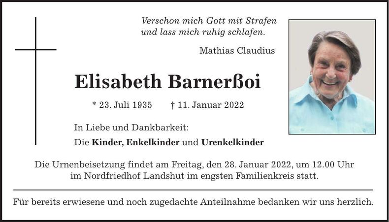 Traueranzeige Elisabeth Barnerßoi