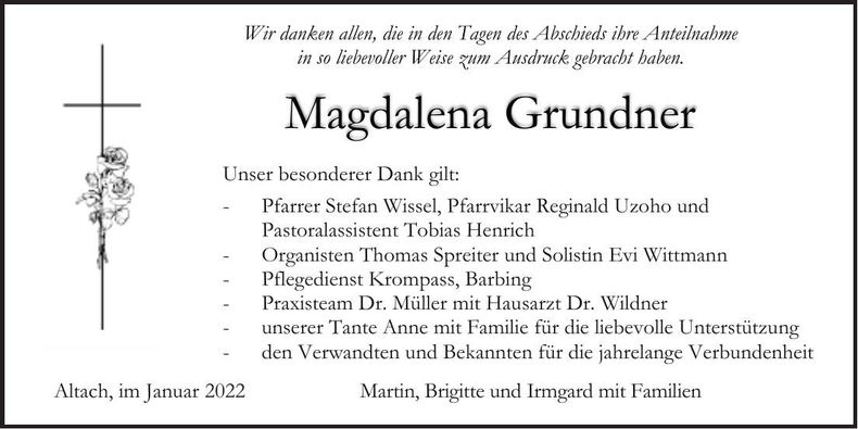 Traueranzeige Magdalena Grundner