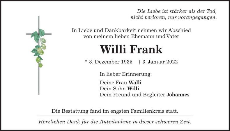 Traueranzeige Willi Frank