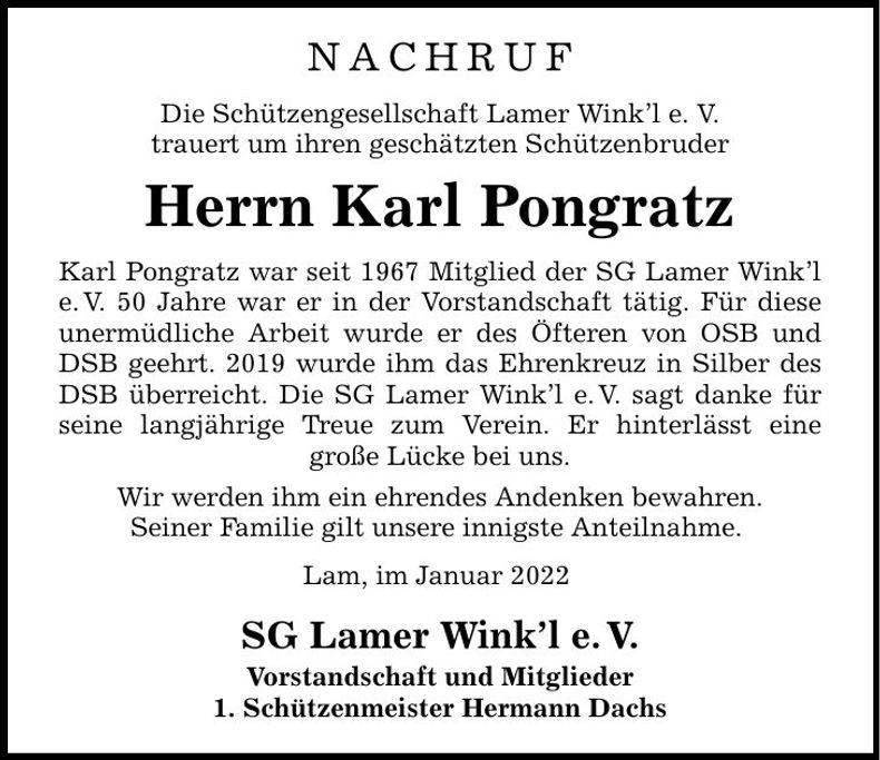 Traueranzeige Karl Pongratz