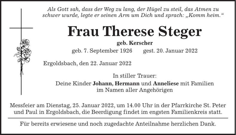 Traueranzeige Therese Steger