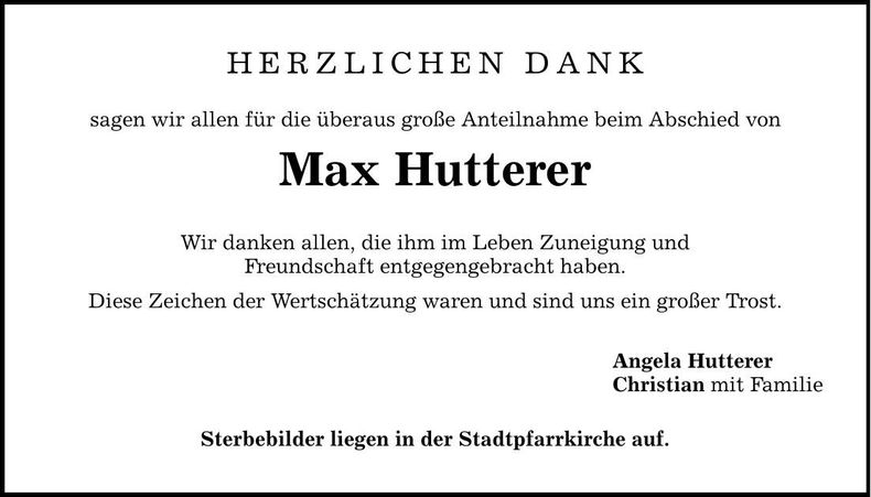 Traueranzeige Max Hutterer